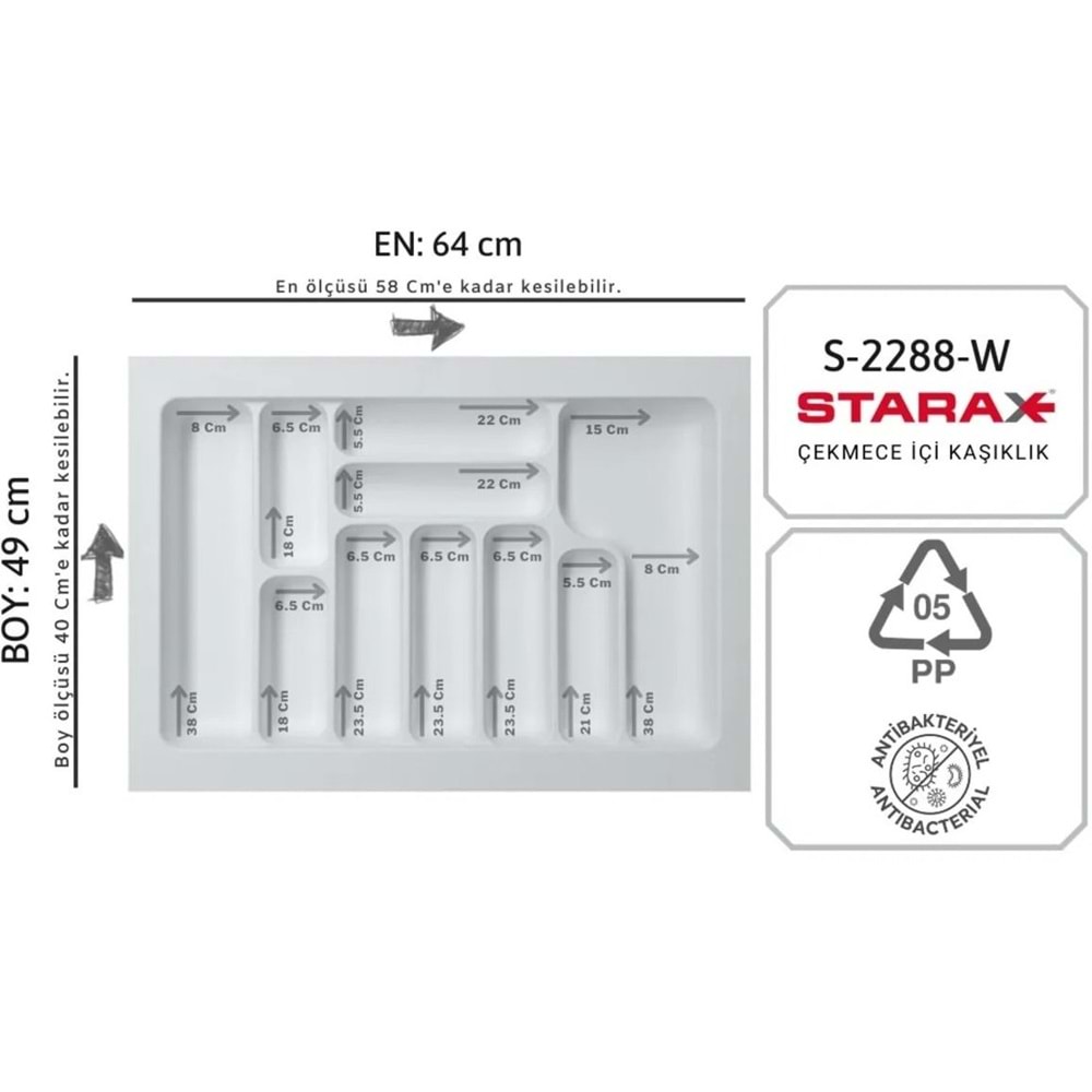 Starax Çekmece İçi Kaşıklık 64x49 CM Beyaz Çekmece içi Düzenleyici Anti-Bakteriyel
