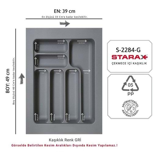 Starax Çekmece İçi Kaşıklık 39x49 CM Antrasit Çekmece içi Düzenleyici Anti-Bakteriyel